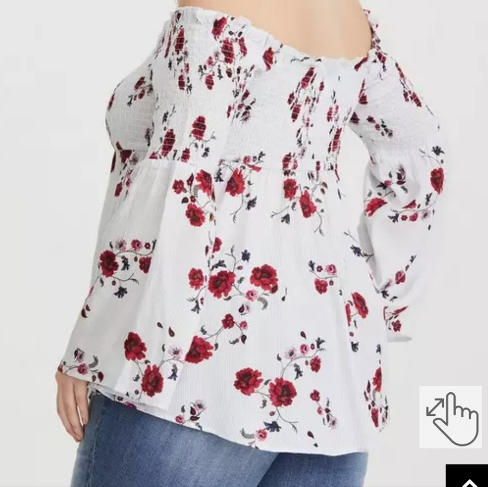 Torrid White and Red Smocked Bell Sleeve Blouse - Picture 2 of 2